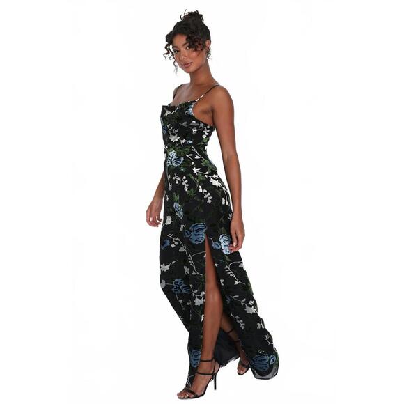 Lulus Velvet Floral Cowl Neck Maxi Dress Romantic Burnout Black Blue Small NWT - Picture 2 of 8